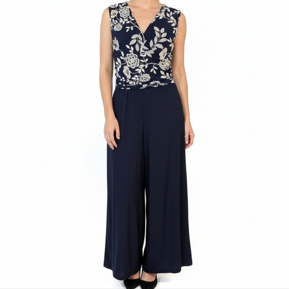 Nina Leonard Faux Wrap Jumpsuit Women's Medium Embroidered Textured
